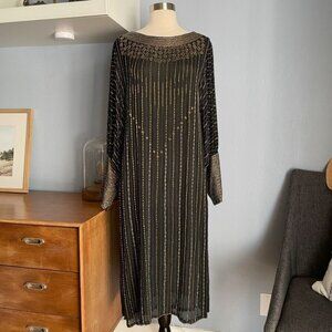 Vintage Sistermax Beaded Striped Silk Shift Dress Midi Art Deco Size S